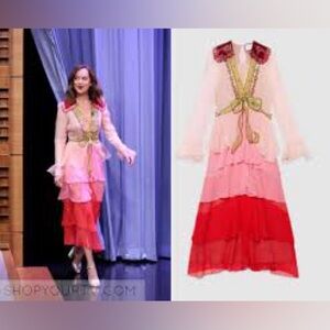 EUC Sheer Sleeve Formal Gown Dress Faux Gucci Runway Tiered Maxi Ruffle Dress